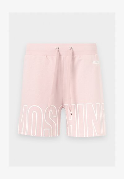 Ανοιχτό ροζ casual σορτς με ραβδωτή μέση, κορδόνια ρύθμισης και μεγάλο λευκό περίγραμμα του λογότυπου "MOSCHINO" στο μπροστινό μέρος.