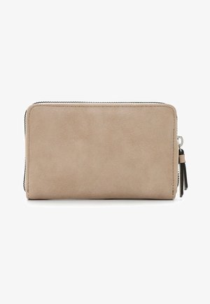 Beżowy skórzany portfel o gładkiej fakturze, z zamknięciem na zamek błyskawiczny i ozdobnym frędzlem. Charakteryzuje się eleganckim prostokątnym kształtem.