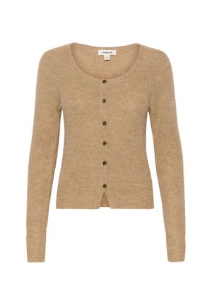 Cardigan beige realizzato in morbido tessuto a maglia. Presenta un scollo rotondo, maniche lunghe e sei bottoni scuri lungo la parte anteriore.