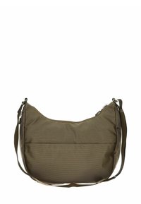 Borsa a spalla verde oliva realizzata in tessuto testurizzato, con una forma curvata, tracolla regolabile e chiusura con zip. Presenta una tasca frontale.