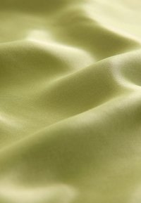Light green fabric with a smooth texture, featuring soft, flowing folds reflecting light, emphasizing its silk-like material and sheen.