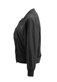 Black bomber jacket with ribbed cuffs and hem, front zipper, and a small patch on the left chest, shown from the side on a white background.