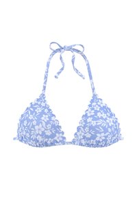 Haut de bikini bleu clair avec un motif floral blanc, bonnets triangulaires et bords festonnés. Se noue au cou pour un ajustement réglable.