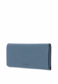 Blue leather wallet with a smooth texture, rectangular shape, and a printed logo, featuring a fold-over flap and stitched edges.