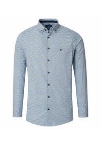 Langarm overhemd met een blauw-wit geometrisch patroon, button-down kraag en marineblauwe knopen met een klein logo op de borst.