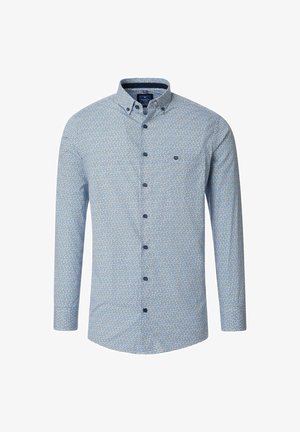 Langärmliges Hemd mit Knopfleiste, das ein blau-weißes geometrisches Muster zeigt, einen Button-Down-Kragen hat und mit dunkelblauen Knöpfen sowie einem kleinen Logo auf der Brust versehen ist.