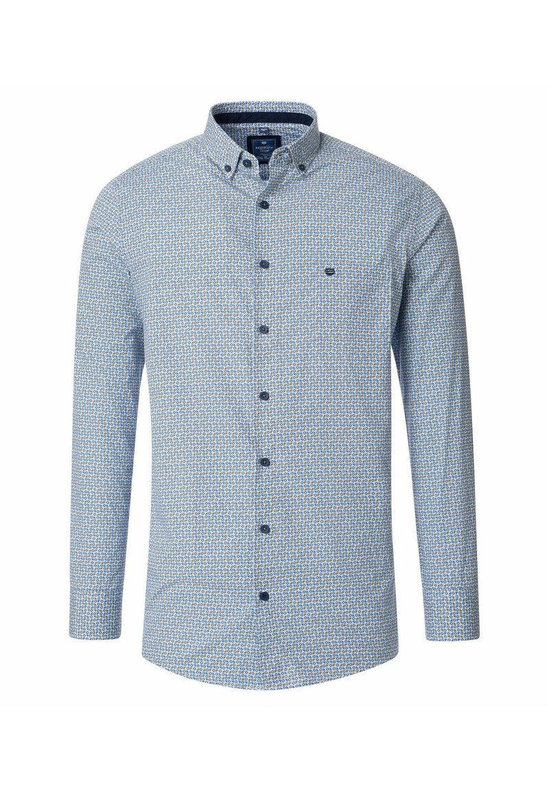 Langarm overhemd met een blauw-wit geometrisch patroon, button-down kraag en marineblauwe knopen met een klein logo op de borst.