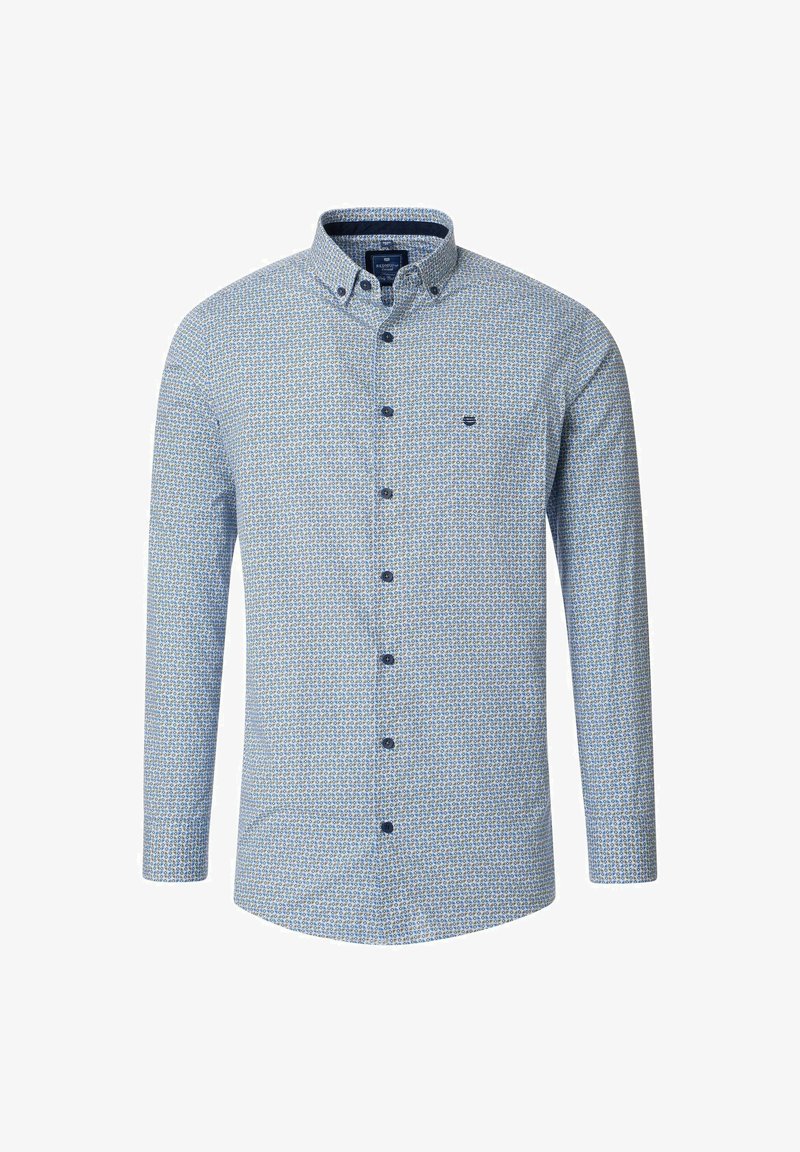 Langarm overhemd met een blauw-wit geometrisch patroon, button-down kraag en marineblauwe knopen met een klein logo op de borst.