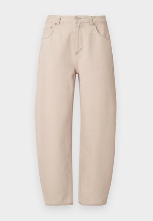 Jean beige à jambes larges en coton, doté de cinq poches, d'une fermeture à boutons à l'avant et de surpiqûres contrastantes le long des coutures.
