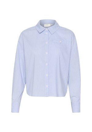 Blusa a righe blu e bianche con colletto, chiusura frontale con bottoni, maniche lunghe e taschino sul lato sinistro del petto. Tessuto morbido.