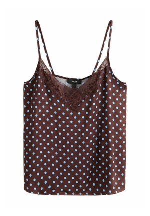 Top marrone con spalline sottili, decorato con pois azzurri chiari e rifinitura in pizzo lungo lo scollo a V.
