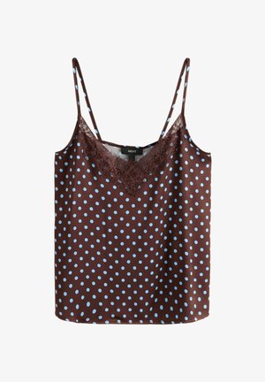 Hnedý top na tenkých ramienkach s modrými bodkami a čipkovou ozdobou pozdĺž výstrihu do V.