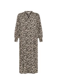 Robe longue, noire et blanche à motifs avec un décolleté en V et de longues manches bouffantes. Fabriquée dans un tissu léger avec une texture douce.