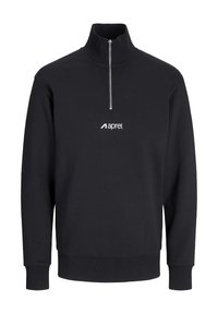 Sudadera negra de forro polar con cremallera y cuello alto, cremallera frontal y logotipo blanco "aprel" en el pecho. Presenta puños y dobladillo acanalados.