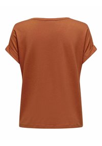 Chemise marron unie à manches courtes avec poignets retroussés et un simple col rond, vue de dos.