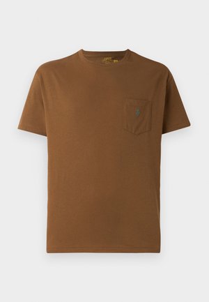 Brown cotton t-shirt with a crew neck, short sleeves, and a pocket on the left chest featuring a small embroidered logo.