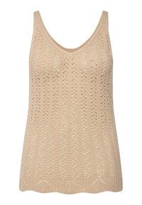 Canottiera in maglia di un beige chiaro con un motivo testurizzato a trama aperta e orlo scallop. Presenta spalline larghe e scollatura a V.