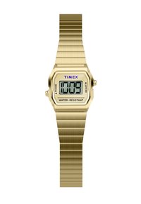 Orologio digitale Timex dorato con bracciale metallico espandibile che mostra l'ora 10:09, etichettato come resistente all'acqua, con pulsanti per la modalità e il reset.
