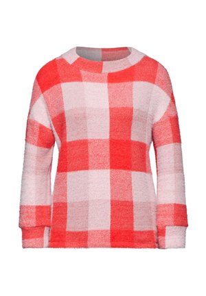 Pull à carreaux rouge et rose, fabriqué dans un tissu doux. Il a un col rond et des manches longues, avec une coupe décontractée et un motif texturé.