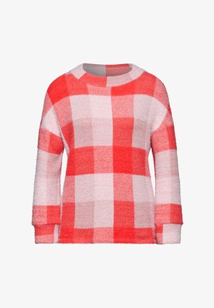 Roter und rosa karierter Pullover aus weichem Stoff. Hat einen runden Halsauschnitt und lange Ärmel, mit einer lockeren Passform und strukturiertem Muster.