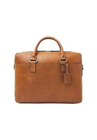 Brown leather briefcase with double handles, front pocket, zipper closure, and attached leather tag on a white background.