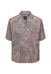 Camicia a maniche corte con bottoni in lino rosa chiaro con un motivo astratto grigio. Dotata di colletto e sei bottoni frontali.