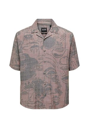 Camicia a maniche corte con bottoni in lino rosa chiaro con un motivo astratto grigio. Dotata di colletto e sei bottoni frontali.