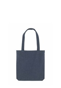 Donkerblauwe denim boodschappentas met twee lange handvatten, rechthoekige vorm, platte bodem en zonder versieringen of patronen. Het materiaal lijkt duurzaam.
