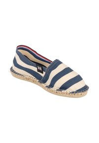 Espadrille à enfiler avec des rayures horizontales bleues et blanches, semelle en jute tissé, et une étiquette en tissu sur le côté.