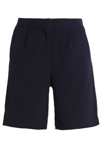 Námořnické modré šortky vyrobené z měkké tkaniny, s páskem, dvěma předními kapsami a rovnými nohavicemi.