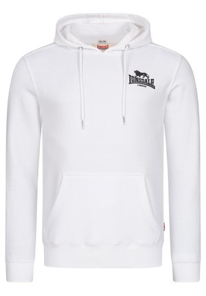 Witte Lonsdale hoodie met een voorzak, trekkoord in de capuchon en zwarte logo-accenten. Glenige textuur en ribbelmanchetten.