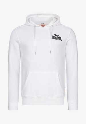 Sudadera blanca Lonsdale con bolsillo frontal tipo canguro, capucha con cordón y acento de logo negro. Textura suave y puños acanalados.