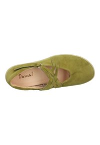 Green suede shoe with a rounded toe and cut-out design, featuring crisscross straps and a beige rubber sole. Interior has "Think!" branding.