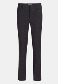 Black tailored pants with a subtle polka dot pattern, made from a smooth fabric, featuring a straight leg design and belt loops.