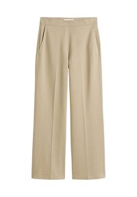 Pantaloni a gamba larga beige con una texture liscia, dotati di cintura piatta e due tasche laterali. Taglio diritto e design alla caviglia.