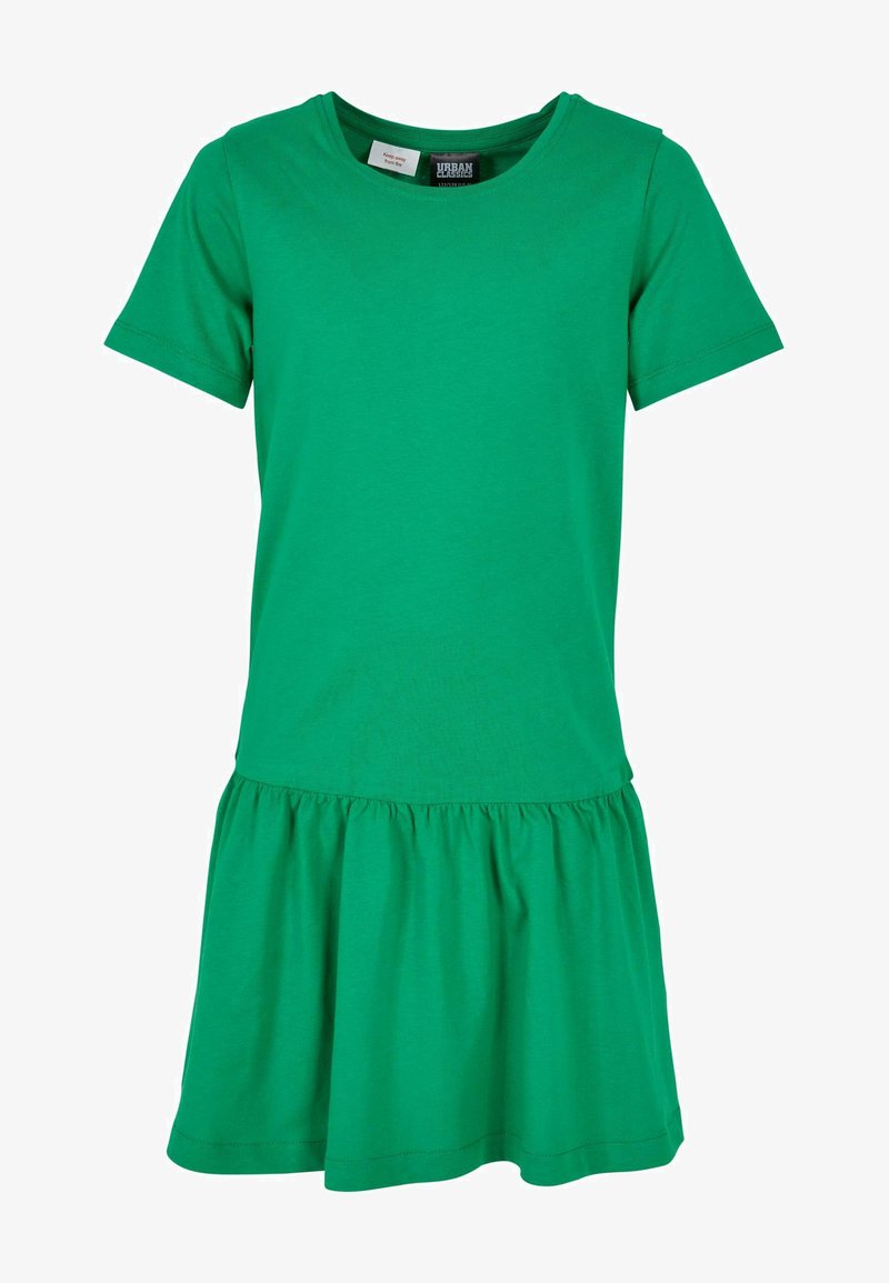 Zielona bawełniana sukienka z okrągłym dekoltem, krótkimi rękawami i falbanistym dołem. Gładka tekstura, casualowy design i lekki materiał.