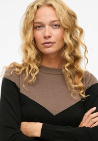 Pull en tricot avec un design colorblock, la partie supérieure est marron et les manches sont noires. La texture est lisse, avec un col rond.