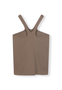 Top marrone senza maniche con collo arrotondato, spalline larghe e una texture morbida. Design minimalista senza motivi o accenti visibili.