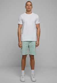 T-shirt en coton blanc, shorts vert menthe et baskets blanches. Les shorts ont un ourlet retroussé. Le mannequin se tient devant un fond neutre.