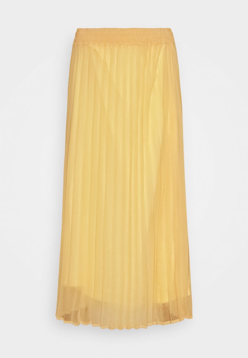 Longue jupe plissée jaune avec taille élastique et superposition transparente sur fond blanc.