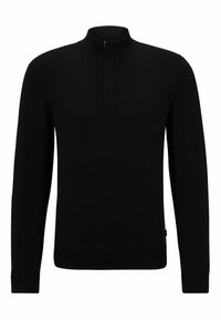 Black long-sleeve pullover sweater with ribbed collar, cuffs, and hem, featuring a short front zipper at the neck.