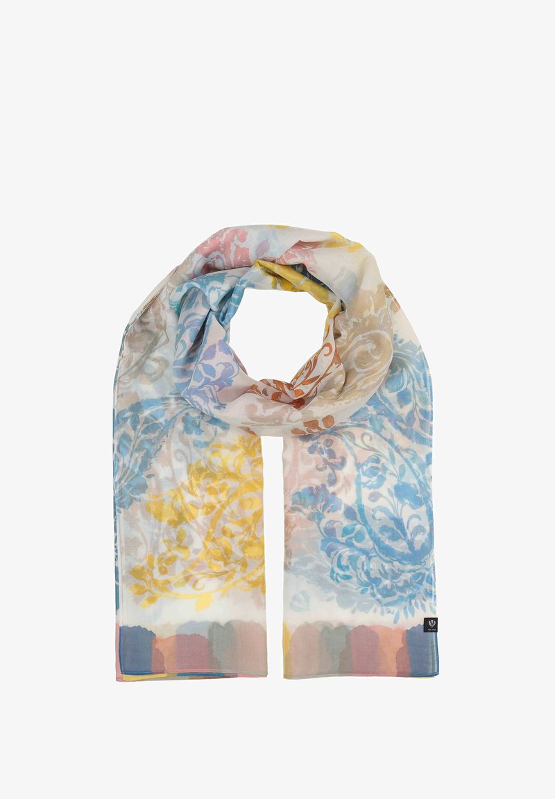 Leichter, durchsichtiger Schal mit floralen Mustern in Blau, Gelb und Pink. Mit genähten Kanten und einem Logo-Tag an einem Ende.