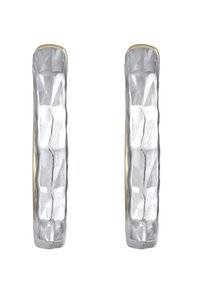 Sølv hoops øreringe med enhammeret overflade og en glat indre kant i gult guld. Designet er cylindrisk og poleret.