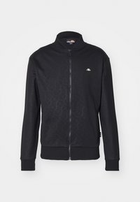 Black zip-up jacket with a high collar, featuring a subtle geometric pattern, elastic cuffs, and a small logo on the left chest area.