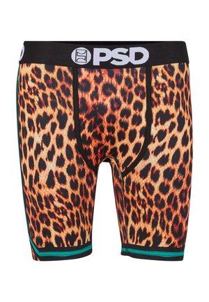 Boxer da uomo con stampa leopardata, fascia in vita nera con logo PSD bianco e bordo verde alle aperture delle gambe.