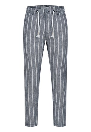 Graue Kordelhose mit weißen vertikalen Streifen, elastischem Bund, Knopfverschluss und lässigem, geradem Bein.