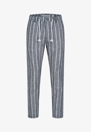Szare spodnie ze ściągaczem, białe pionowe paski, elastyczny pas, zapięcie na guzik oraz luźny, prosty krój.