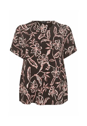 Zwarte korte mouwen blouse met roze en witte bloemenprint, ronde halslijn en losse, comfortabele pasvorm.