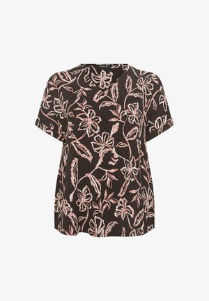 Blouse noire à manches courtes avec motif floral rose et blanc, col rond et coupe ample et décontractée.