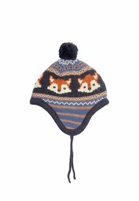 Knitted hat in navy blue with fox pattern, featuring a pom-pom on top, ear flaps, and striped detail in blue and orange.